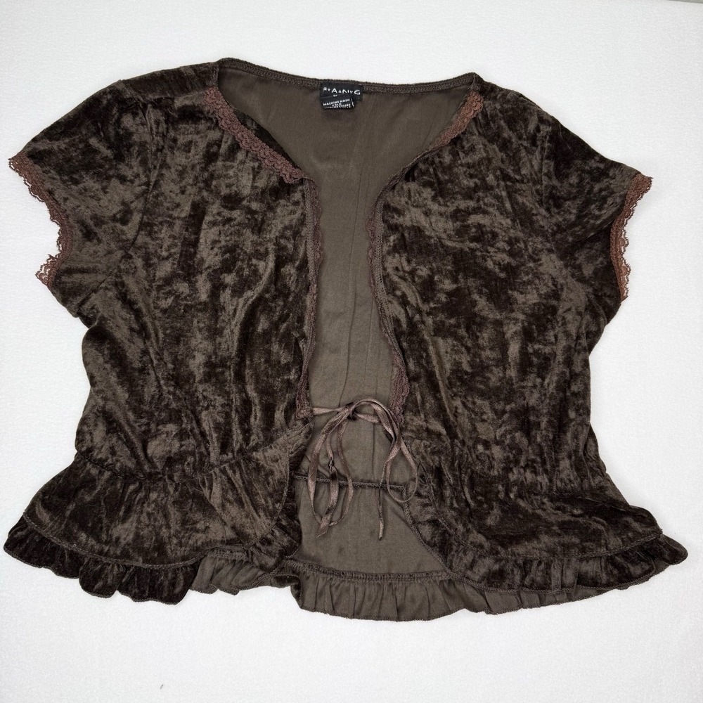 Y2K Fang Brown Velvet Short Sleeve Shrug‎ Ruffle Cardigan Tie Top Women's Large